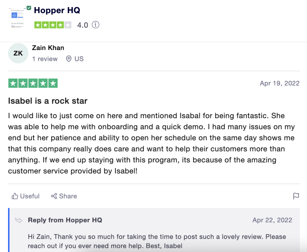 testimonial of HopperHQ customer support