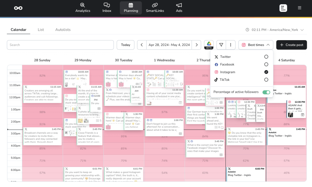 metricool calendar interface for cross posting