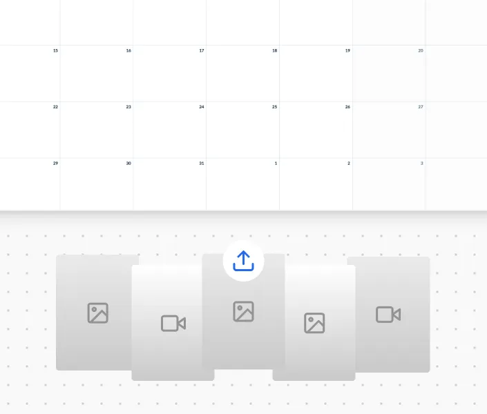 User interface with a horizontal carousel containing placeholders for images and videos with an upload icon above the center item.