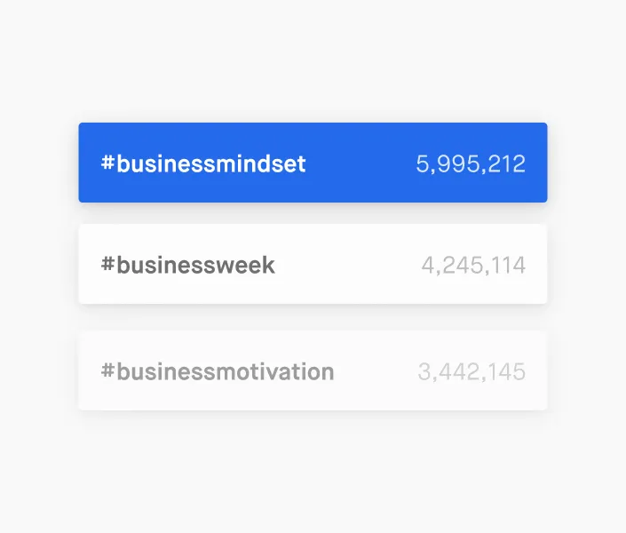 List of three hashtags with their usage counts: #businessmindset 5,995,212, #businessweek 4,245,114, and #businessmotivation 3,442,145, with #businessmindset highlighted in blue.