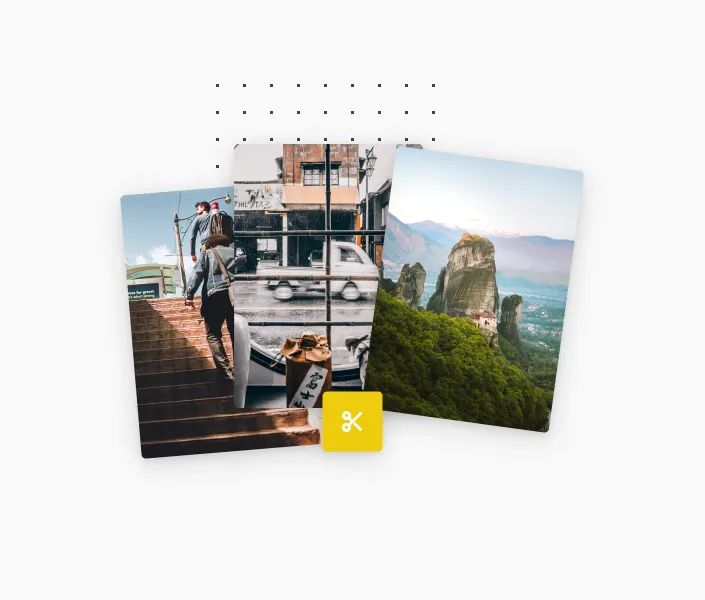 Three overlapping photos showing a person walking up stairs, a city street with a white van and a coffee cup on a window sill, and a scenic mountain landscape with rock formations and greenery.