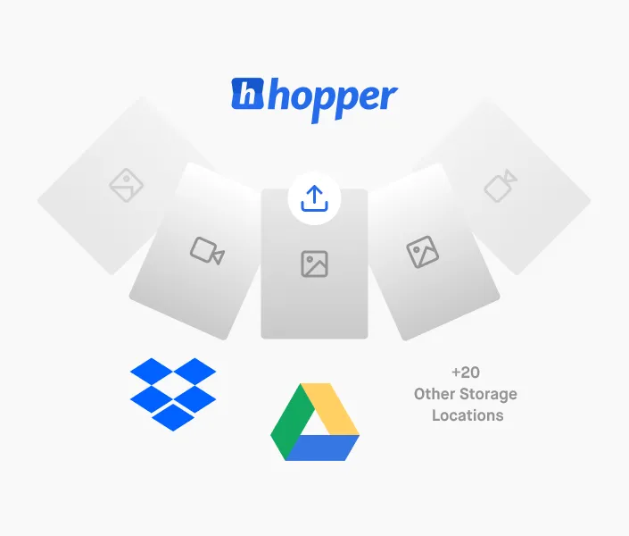 Hopper logo above icons representing uploading and file types with Dropbox and Google Drive logos, plus text '+20 Other Storage Locations'.