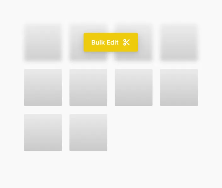 User interface with a yellow 'Bulk Edit' button featuring a scissors icon above several greyed-out square thumbnails.