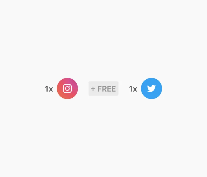 Instagram and Twitter social media icons with '1x' labels on each side of a '+ FREE' sign between them.