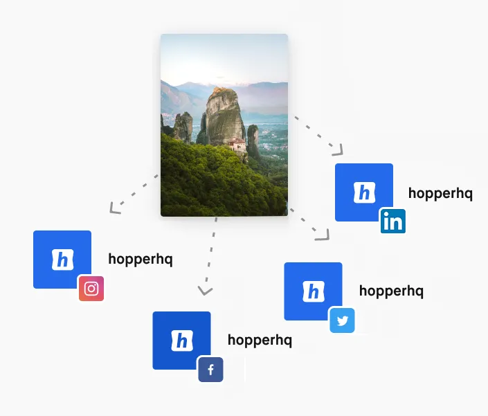 Central image of mountain peaks with a monastery connected by dotted lines to blue hopperhq icons paired with Instagram, Facebook, LinkedIn, and Twitter logos and hopperhq text.