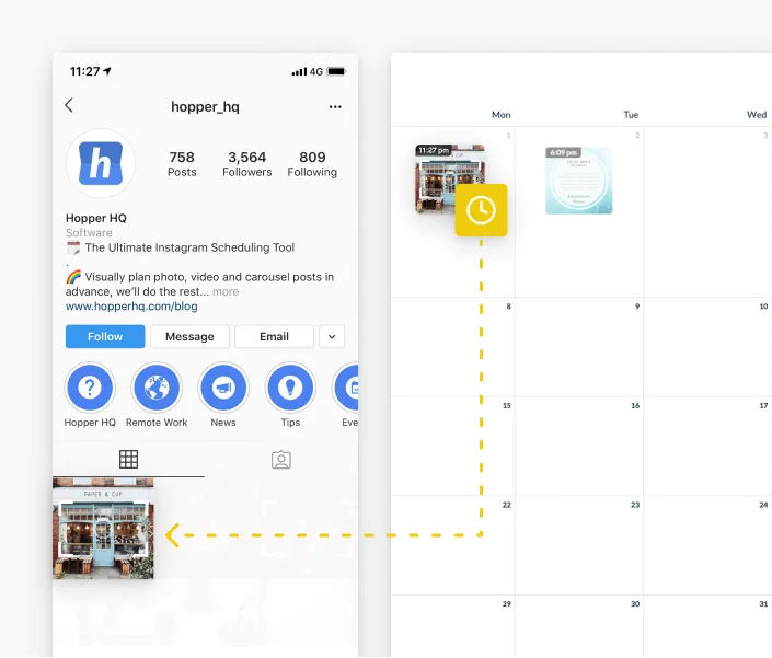 Instagram profile page of hopper_hq shown alongside a calendar interface with arrows indicating scheduling a post from Instagram to a calendar date.