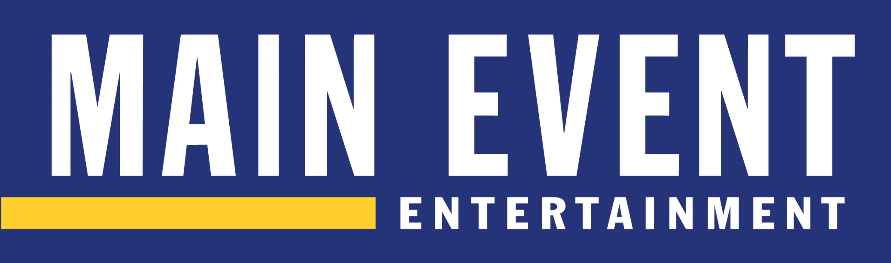 Main Event Entertainment logo with white text on blue background and yellow underline under main event.