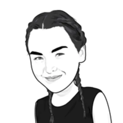 Black and white cartoon illustration of a smiling young woman with braided hair wearing a sleeveless top.