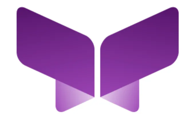Stylized purple butterfly wings logo with a gradient effect.
