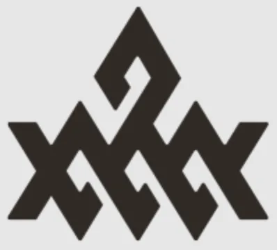 Black geometric tribal pattern with interlocking angular shapes on a light gray background.