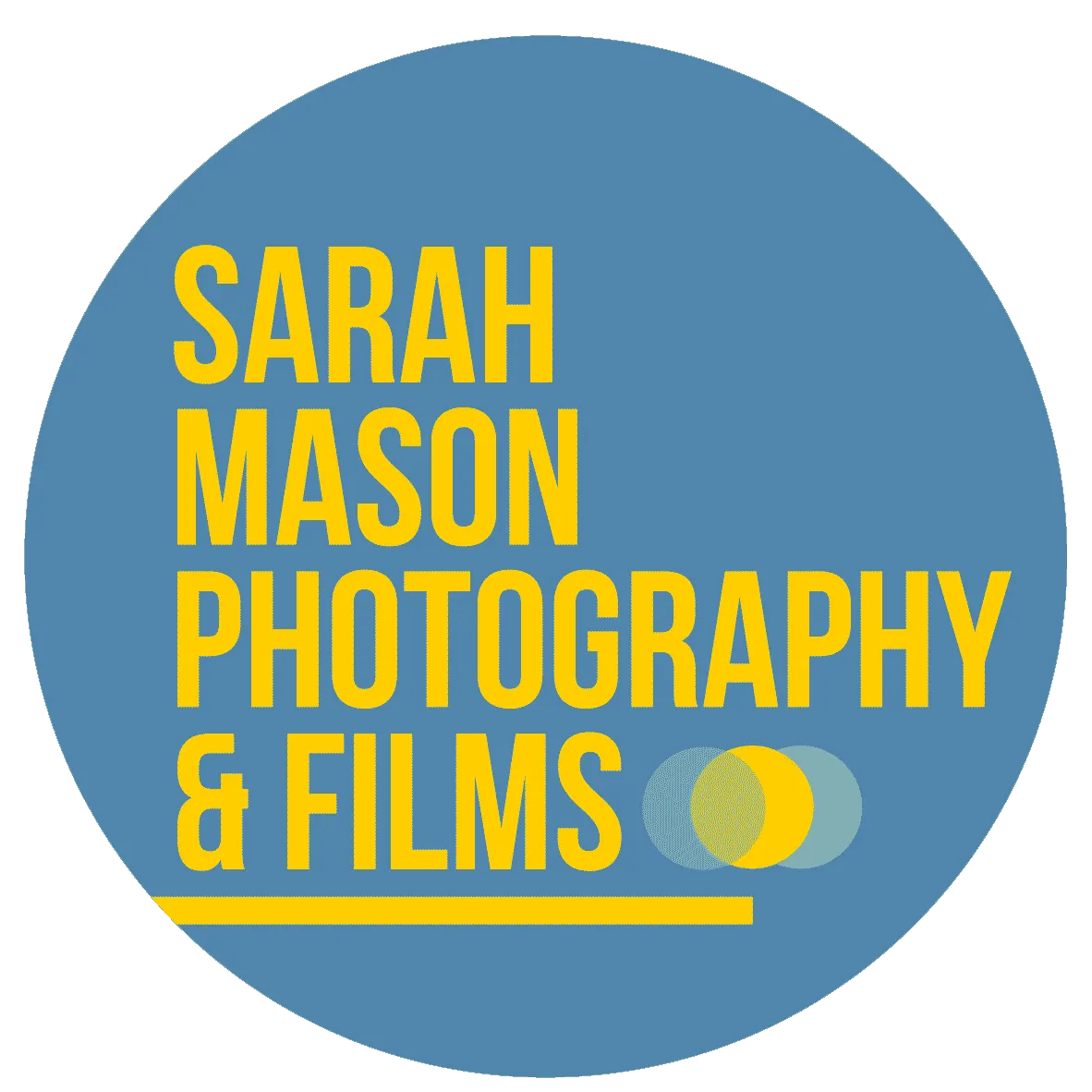 Logo with yellow text 'Sarah Mason Photography & Films' on a blue circular background with overlapping circles design.
