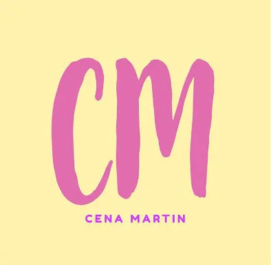 Logo with large stylized pink letters 'CM' above smaller text 'CENA MARTIN' on a pale yellow background.
