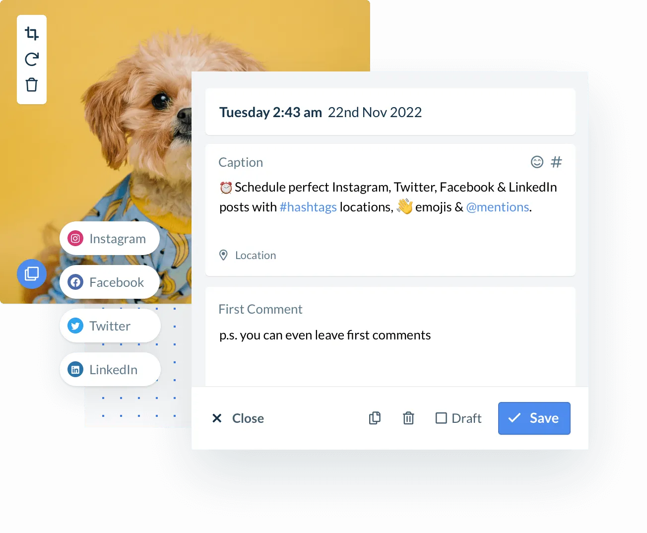 Social media post scheduling interface with caption, first comment, and platform selection icons including Instagram, Facebook, Twitter, and LinkedIn over a background featuring a small dog wearing a banana-patterned shirt.