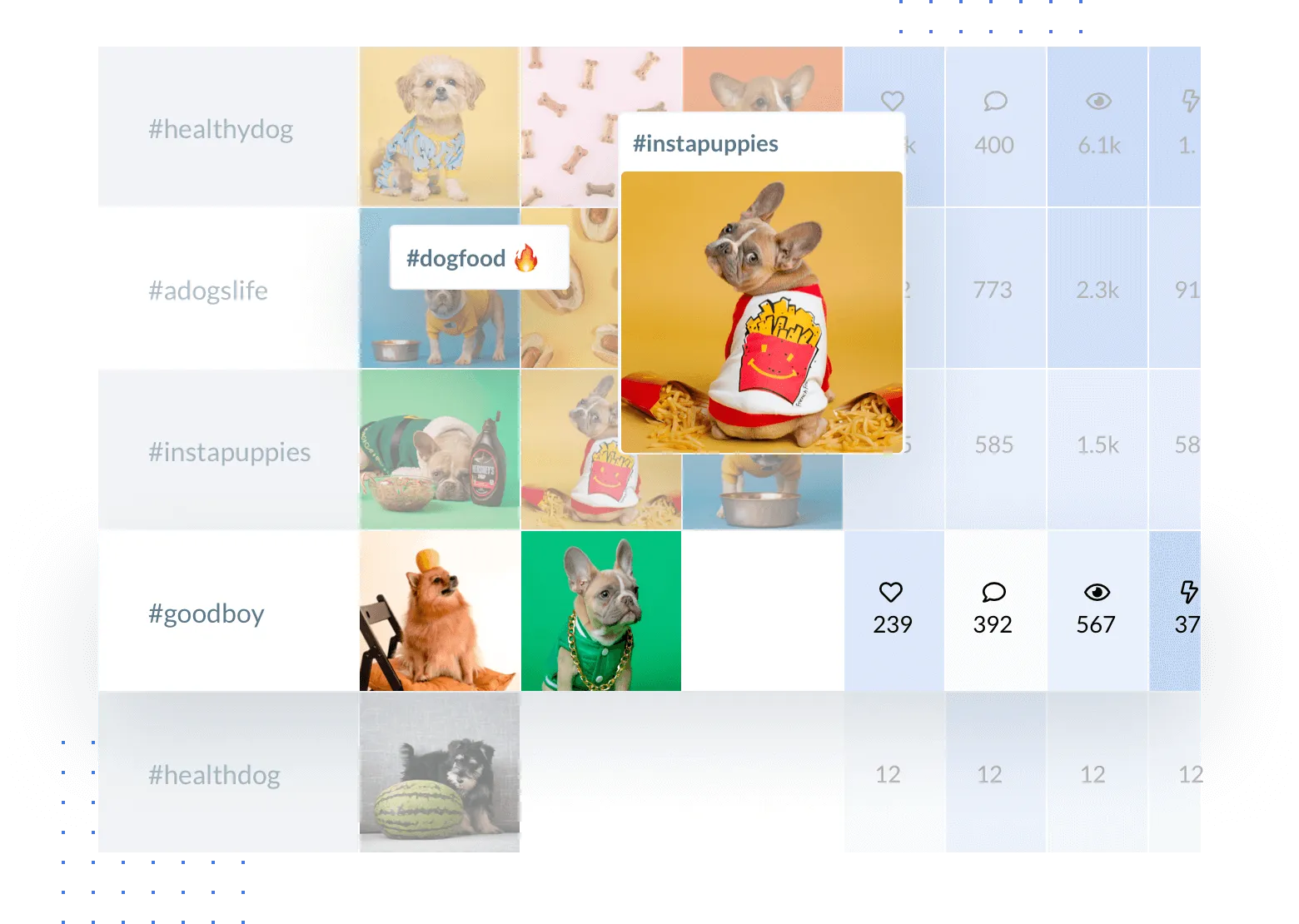 Social media analytics grid showing dog-related hashtags with images of dogs dressed in various costumes and metrics like likes, comments, and views.