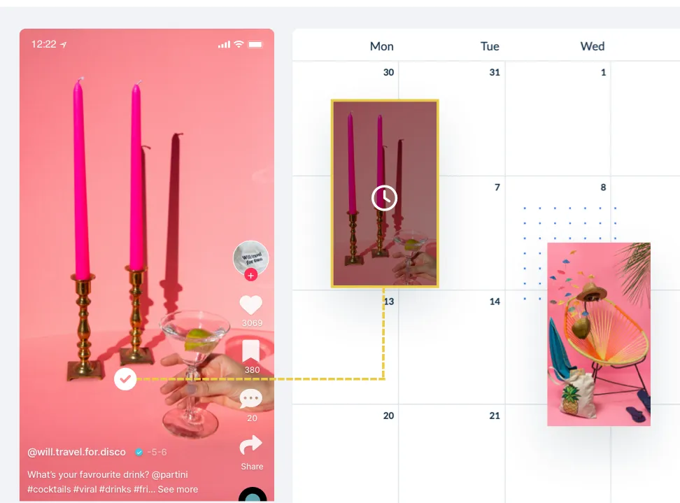 TikTok video screen showing two tall pink candles in golden holders and a hand holding a martini glass with a lime wedge against a pink background, overlaid on a calendar with a focus on a Monday date.