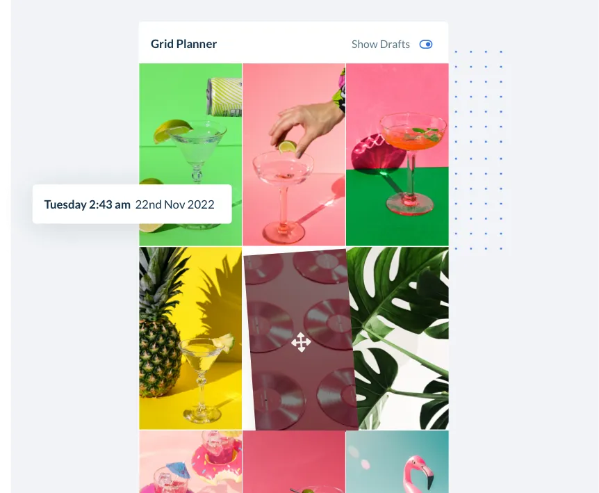 Grid planner interface showing a colorful grid of images including cocktails, a pineapple, vinyl records, green leaves, and a pink flamingo against vibrant backgrounds.