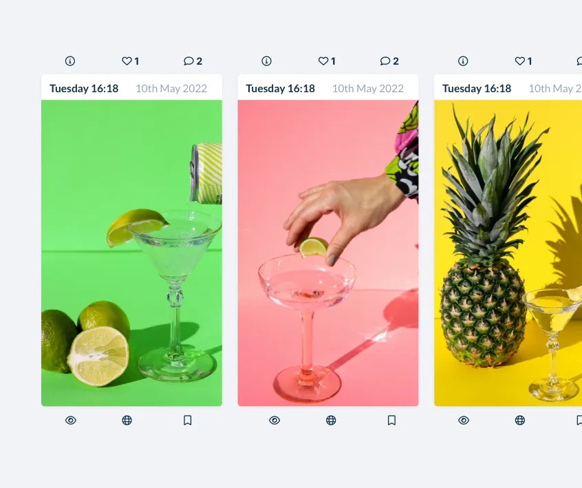 Three cocktails in thin glassware each with a slice of lime and colorful backgrounds: green with limes, pink with a hand placing lime, and yellow with a pineapple.