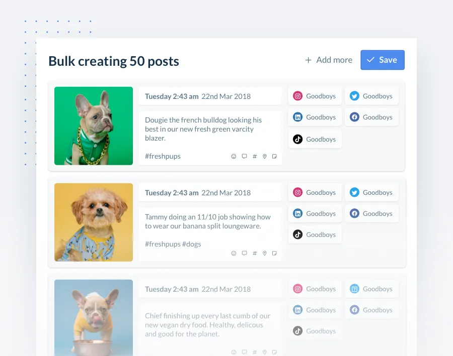 Interface for bulk creating 50 posts with images of dogs, post timestamps, captions, hashtags, and social media sharing options.