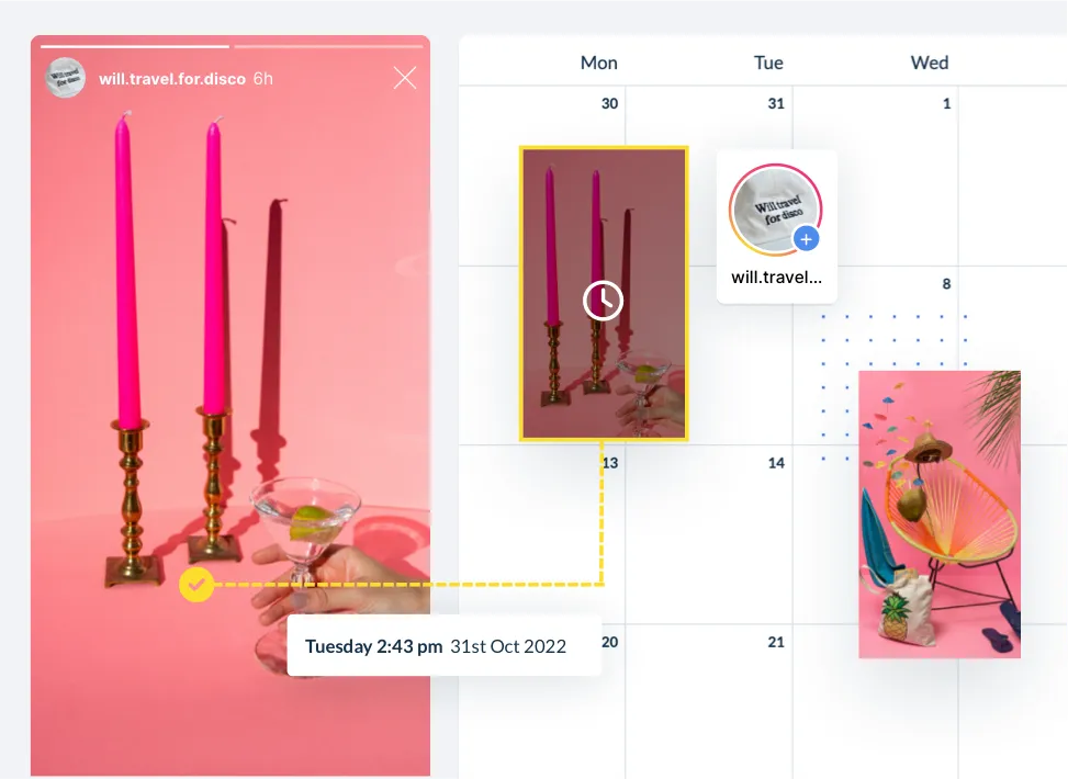 Instagram story with two pink candles on brass holders and a hand holding a cocktail glass, shown as an event scheduled on a digital calendar for October 31, 2022.