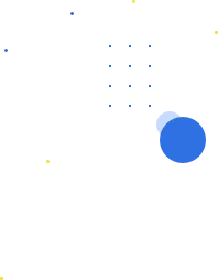 Abstract design with blue circular shapes and small scattered yellow and blue dots on a black background.