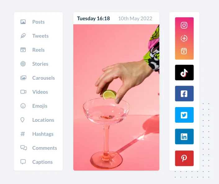 A hand placing a lime wedge on the rim of a cocktail glass filled with a clear pink liquid, with a pink background.