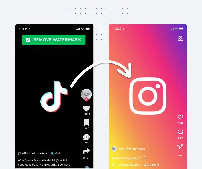 Comparison of TikTok interface with watermark and Instagram interface without watermark, showing an arrow from TikTok logo to Instagram logo on gradient background.