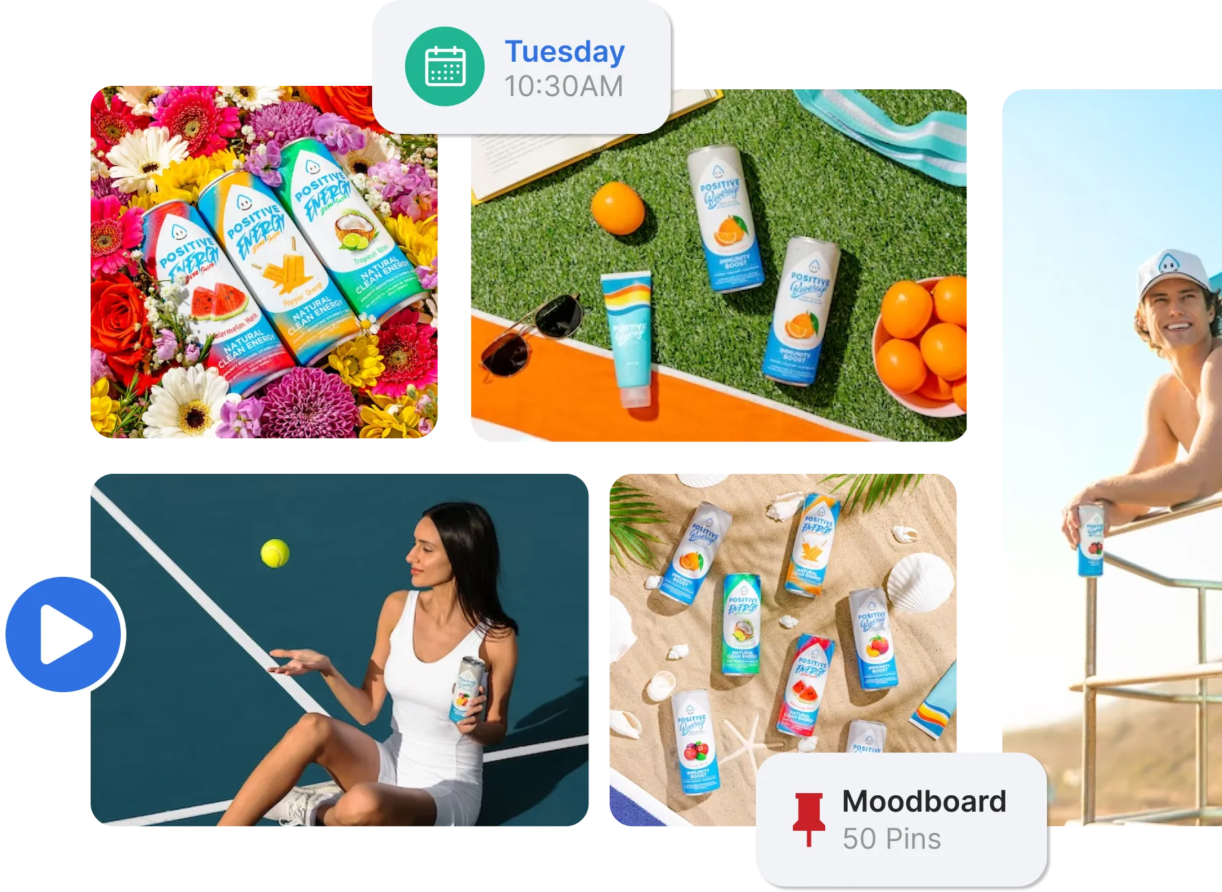 Collage showing canned Positive Energy and Positive Boost drinks in colorful floral, beach, and sports settings with a woman playing tennis and a man sitting outdoors.