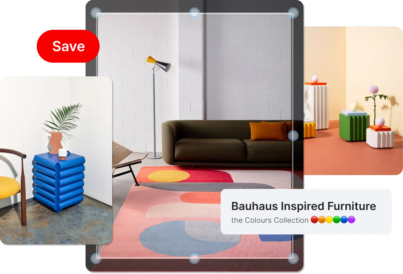 Modern living room with a dark olive sofa, yellow pillow, geometric patterned rug, and Bauhaus-inspired colorful furniture pieces.