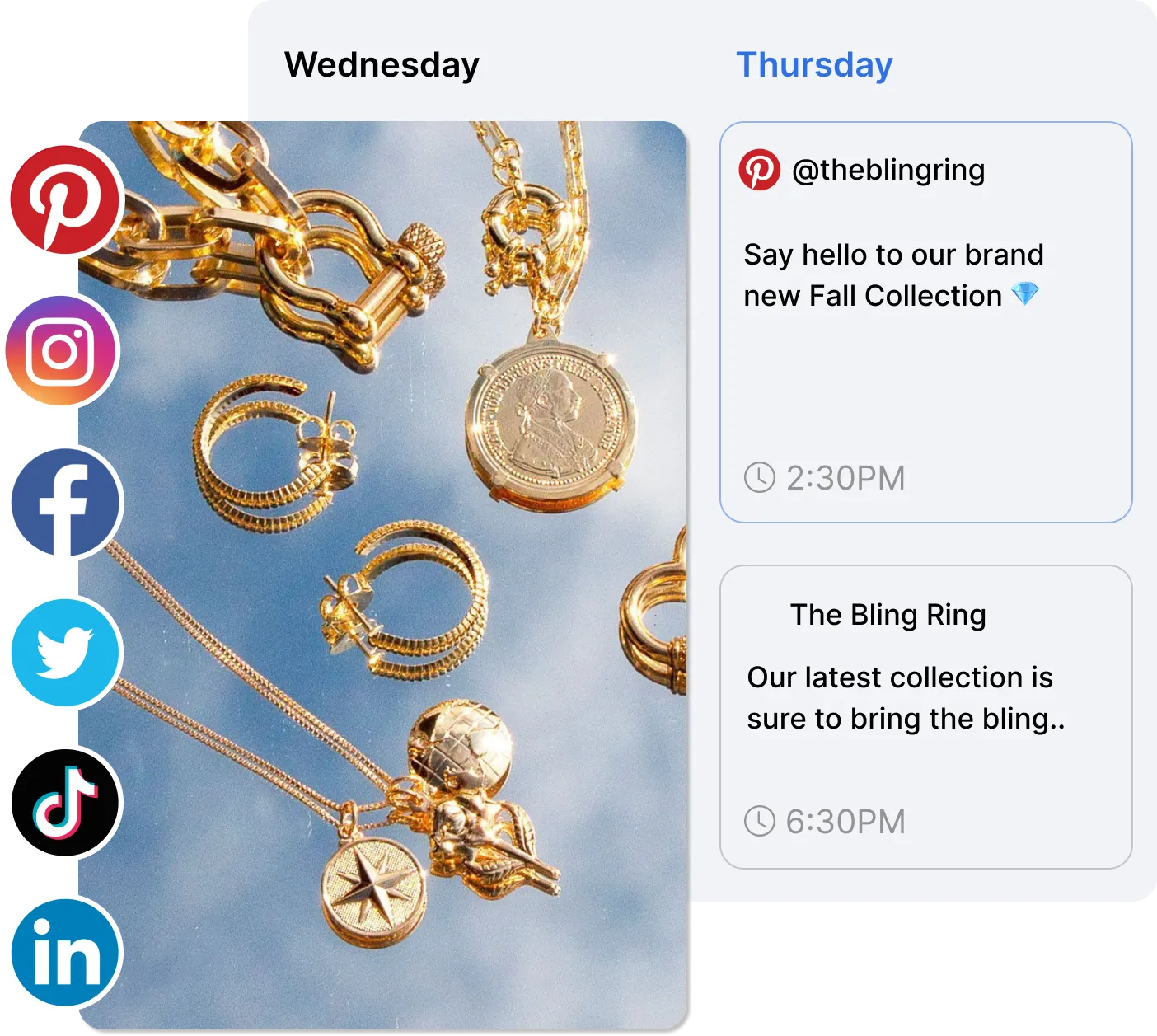 Gold jewelry including earrings, charm necklace, and a coin pendant displayed on a reflective surface with social media icons to the left and text messages about a fall collection on the right.