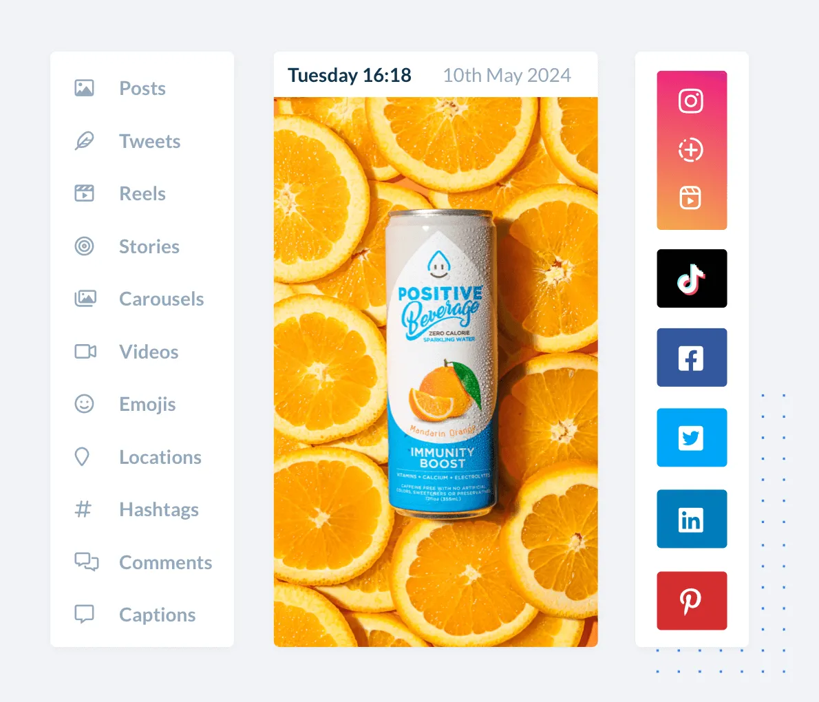 Can of Positive Beverage Immunity Boost mandarin orange sparkling water on a background of sliced oranges.