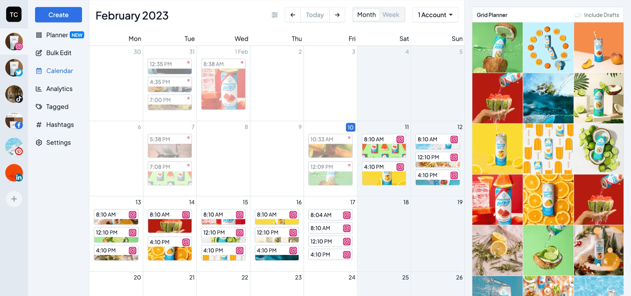 Social media calendar view showing scheduled posts with images of Positive Energy beverage for February 2023 in a grid planner interface.