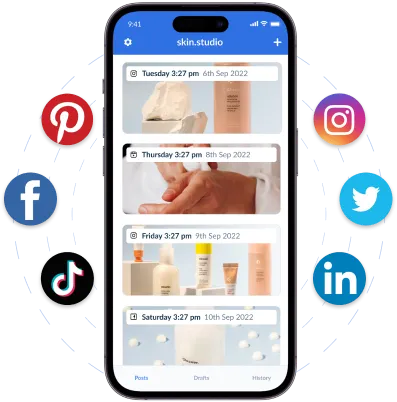 Smartphone screen showing skin.studio app with skincare product photos scheduled on different dates and times, surrounded by social media icons including Pinterest, Instagram, Facebook, Twitter, TikTok, and LinkedIn.