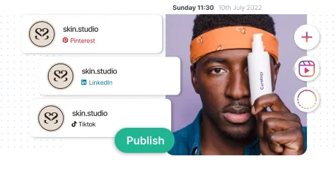 Social media post interface showing a man with an orange headband holding a white skincare product, with skin.studio profiles for Pinterest, LinkedIn, and TikTok, and a green Publish button.