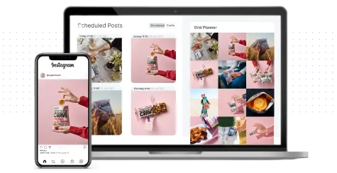 Laptop screen showing scheduled social media posts and grid planner with images of food and hands holding snacks, next to a smartphone displaying an Instagram post with a snack bar image.
