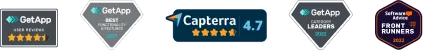 Set of four trust badges featuring 5-star ratings and awards from GetApp, Capterra, and Software Advice for customer satisfaction and leadership from 2021 to 2023.