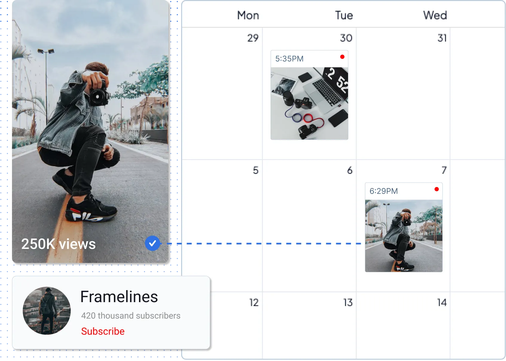 Calendar showing video content schedule with thumbnails of a person crouching with a camera and camera equipment on a desk, linked to the Framelines channel with 420k subscribers.