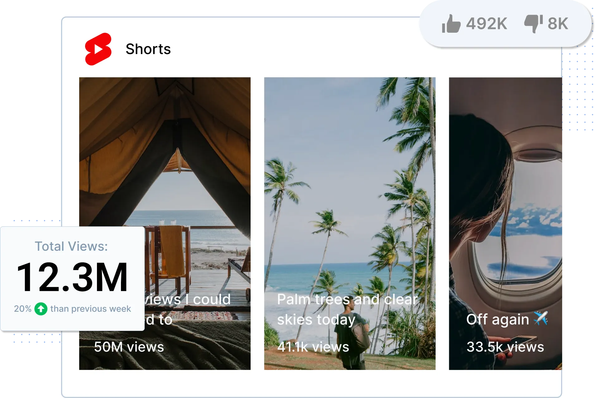 YouTube Shorts interface showing three videos: a tent overlooking a beach, a person with palm trees and ocean in the background, and a woman looking out an airplane window.