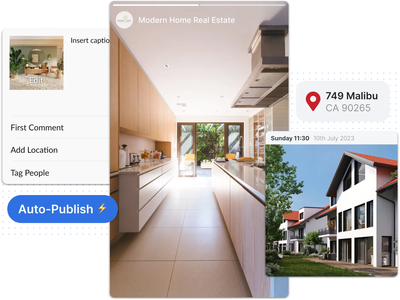 Bright modern kitchen with wooden cabinetry and large windows opening to a garden, alongside overlays of real estate social media interface elements.