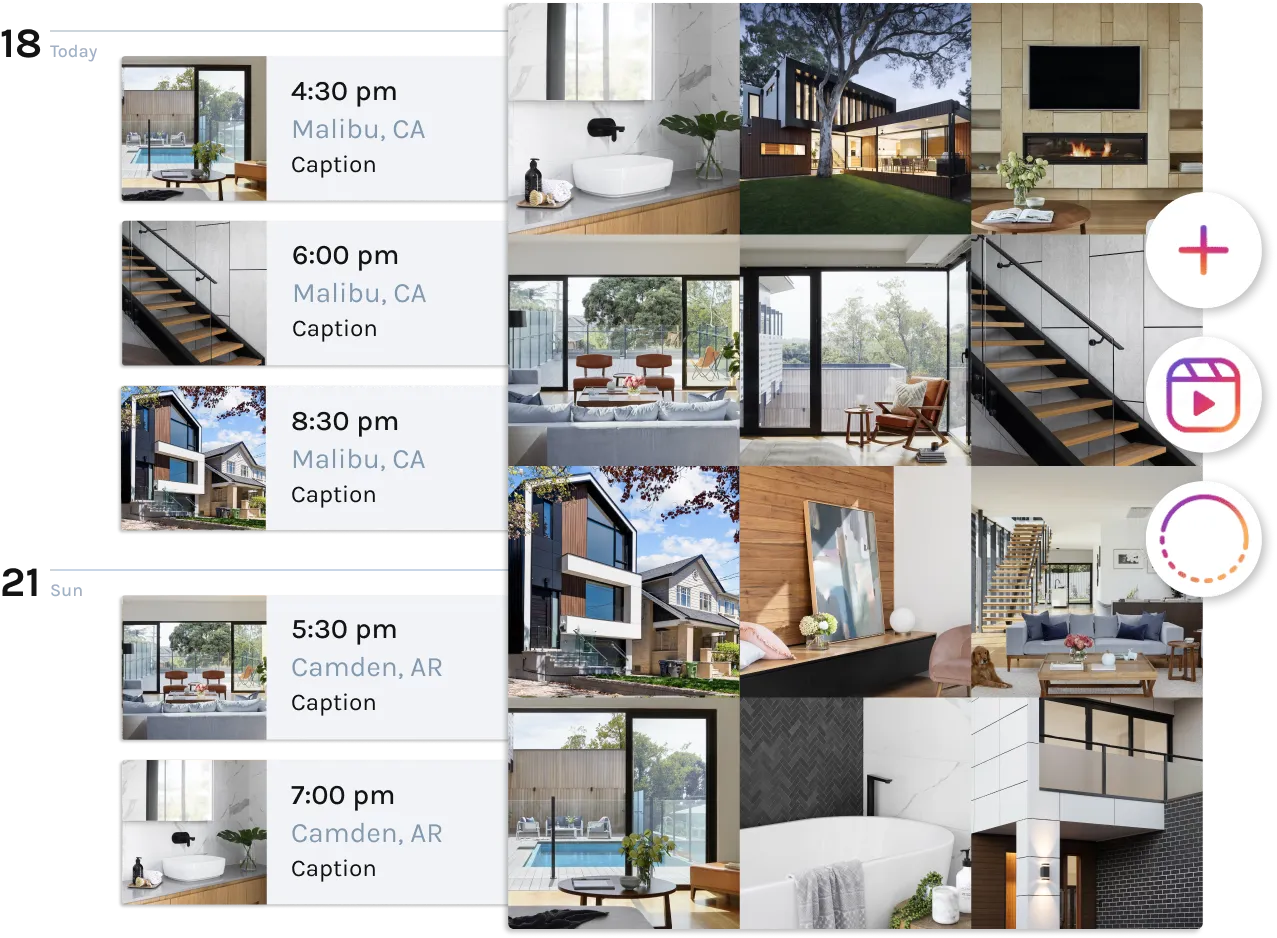 Collage showing real estate schedule with photos of modern homes and interiors in Malibu, CA and Camden, AR, including times and location captions.