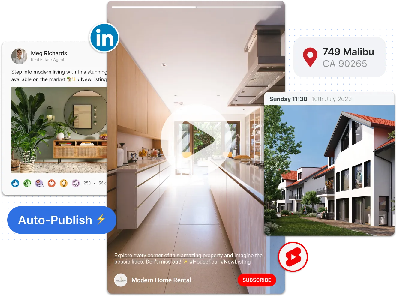 Collage showing a modern kitchen interior with light wood cabinetry, LinkedIn post by a real estate agent featuring a green room, a suburban house exterior with red roofs, and icons for auto-publish and subscription features.