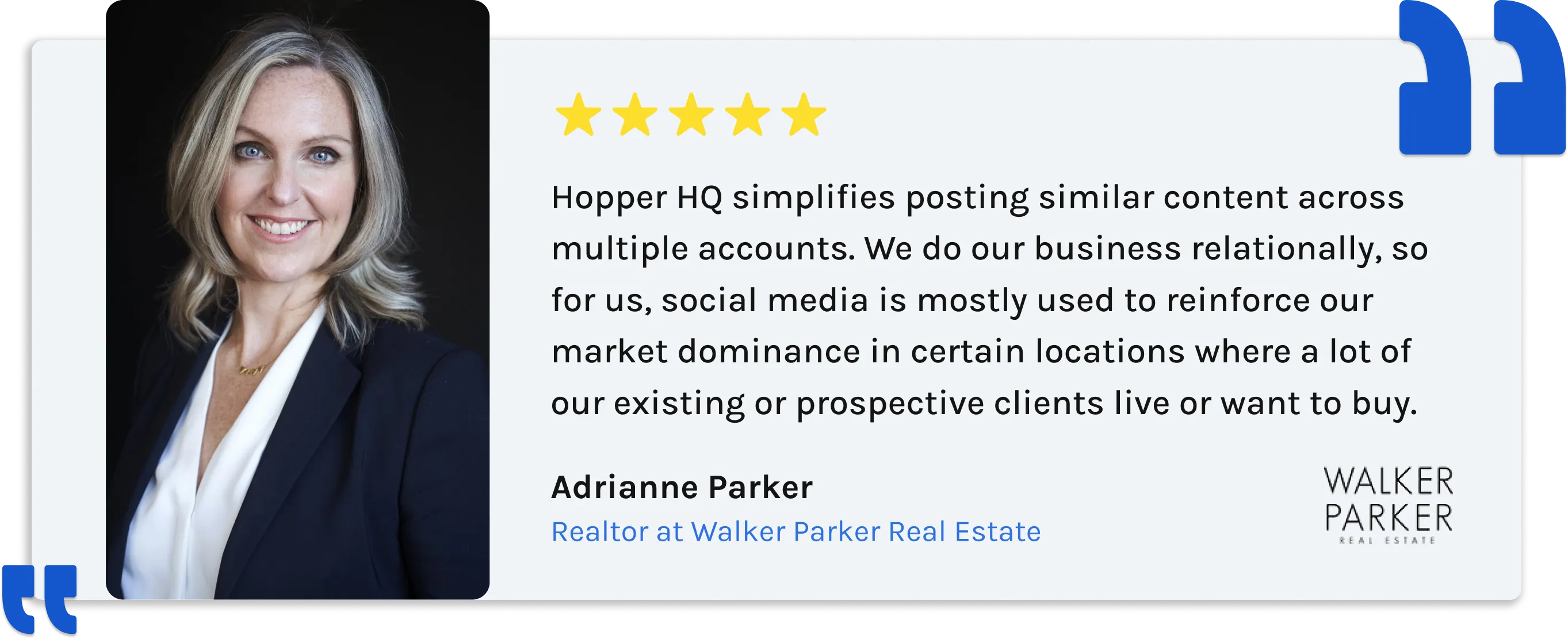 Portrait of a smiling blonde woman in a dark blazer and white blouse next to a five-star testimonial about Hopper HQ by Adrianne Parker, Realtor at Walker Parker Real Estate.