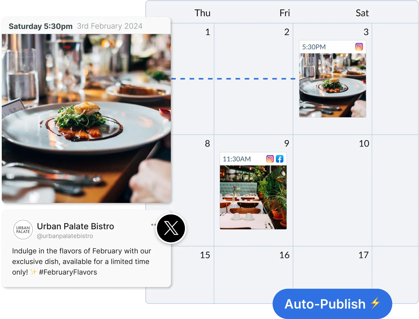 Calendar showing scheduled posts for a restaurant with images of a plated dish and dining area, featuring a highlighted post for Saturday 5:30pm, 3rd February 2024.