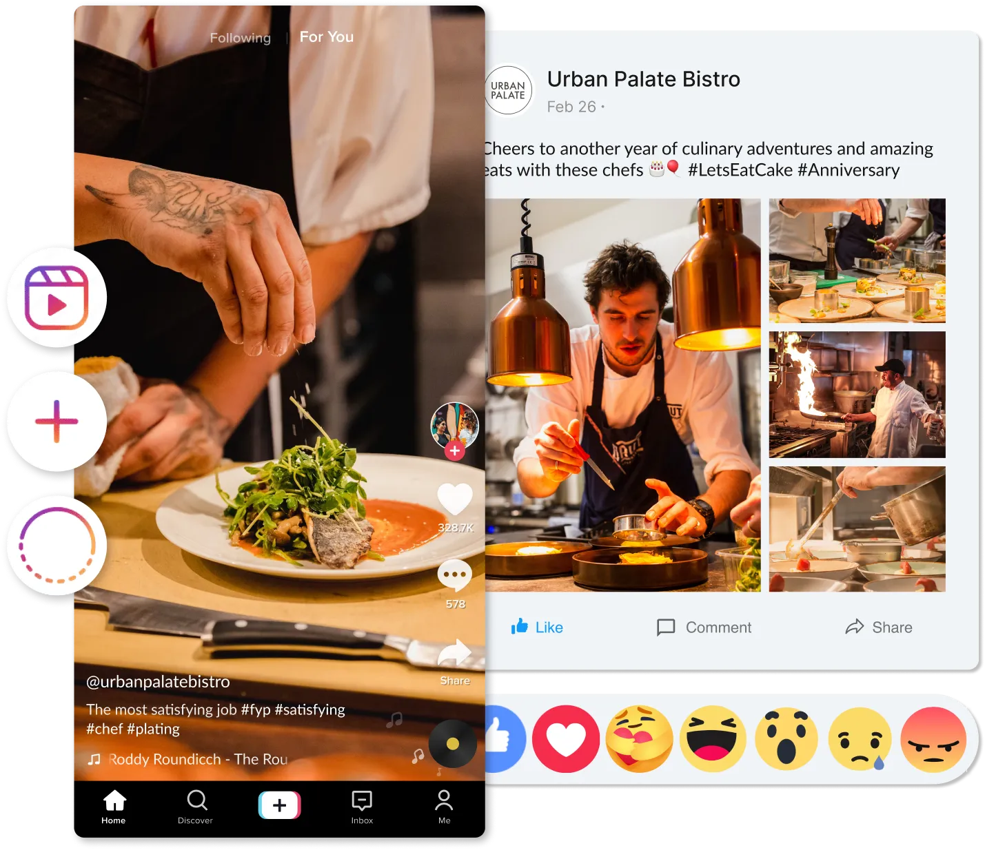 Side-by-side images showing a chef plating a dish with herbs on a white plate on the left, and a social media post from Urban Palate Bistro featuring chefs preparing and plating food on the right.