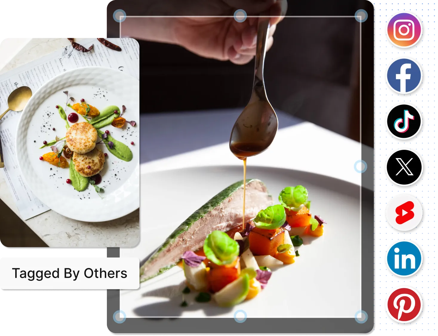 A person drizzling sauce from a spoon onto a plated gourmet dish with lettuce-wrapped terrine and colorful cubed vegetables, alongside a smaller inset image of a plate with two seared crab cakes and green puree garnished with herbs.