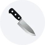 Kitchen knife with black handle and visible rivets casting shadow on white background.