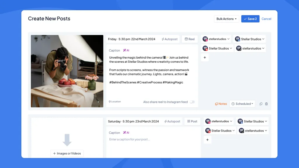 Screenshot of a social media post creation interface showing a photographer taking a photo, caption text with hashtags, scheduled post dates, and social media account selectors.