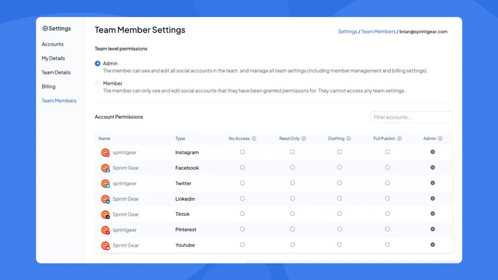 User interface displaying Team Member Settings with admin and member role options and a table listing social media accounts with permissions settings for Instagram, Facebook, Twitter, LinkedIn, TikTok, Pinterest, and YouTube.