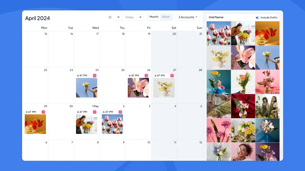 April 2024 calendar view showing scheduled posts with flower images on specific dates and a grid planner of floral photos on the right side.