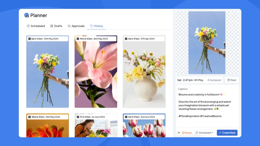 Planner app interface displaying scheduled floral post thumbnails with dates, a preview of a flower bouquet image, caption about floral creativity, and options to add notes, schedule, or create a reel.