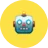 Blue robot head with antenna on yellow circular background.